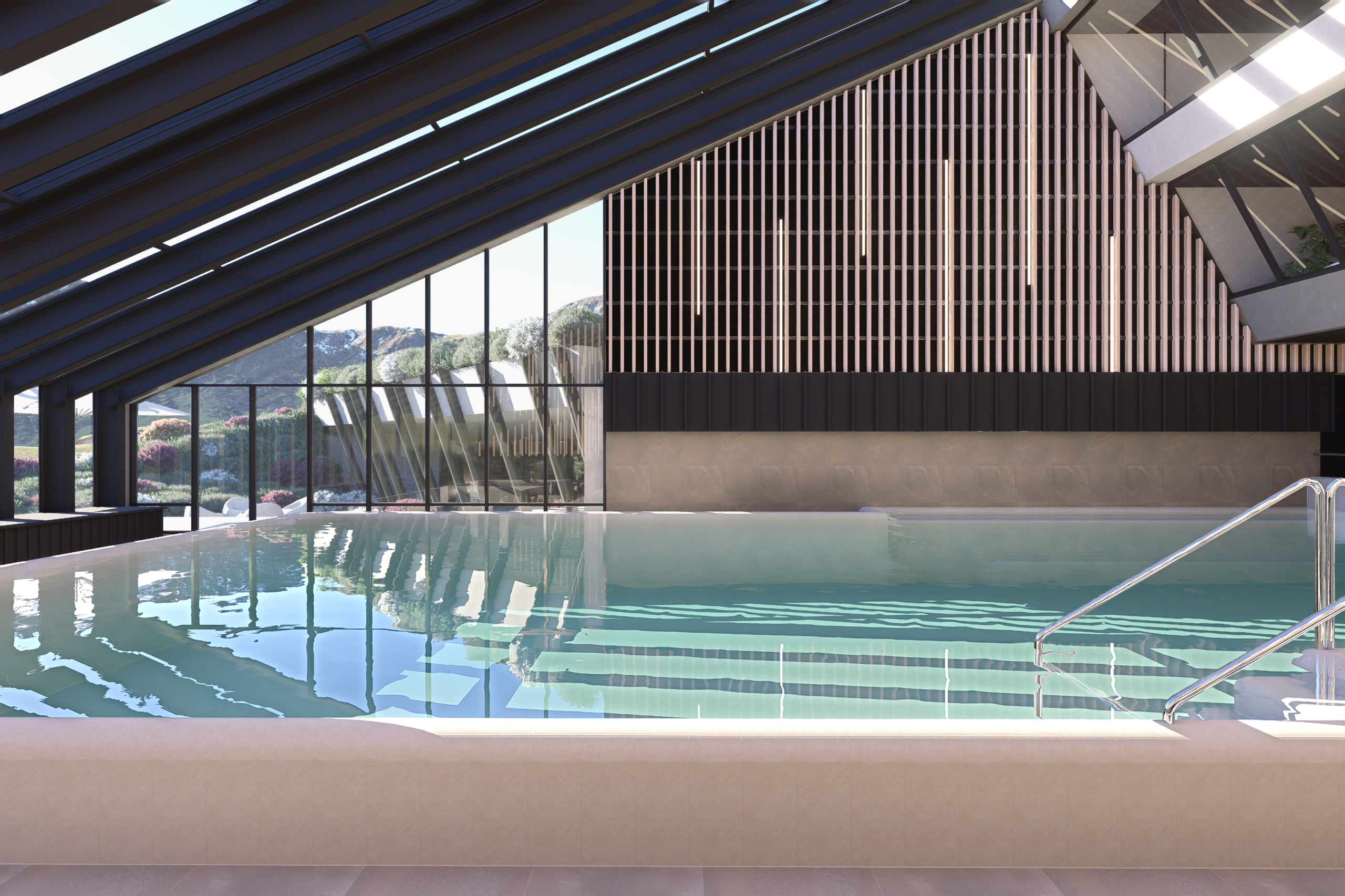 The panoramic pool running the length of a glazed hall, daylight coming through the slatted timber ceiling and mountains beyond the windows
